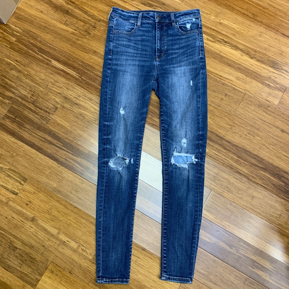 American Eagle Highest Rise Jeggings‎ Dark Wash Distressed Ripped Jeans Womens 4